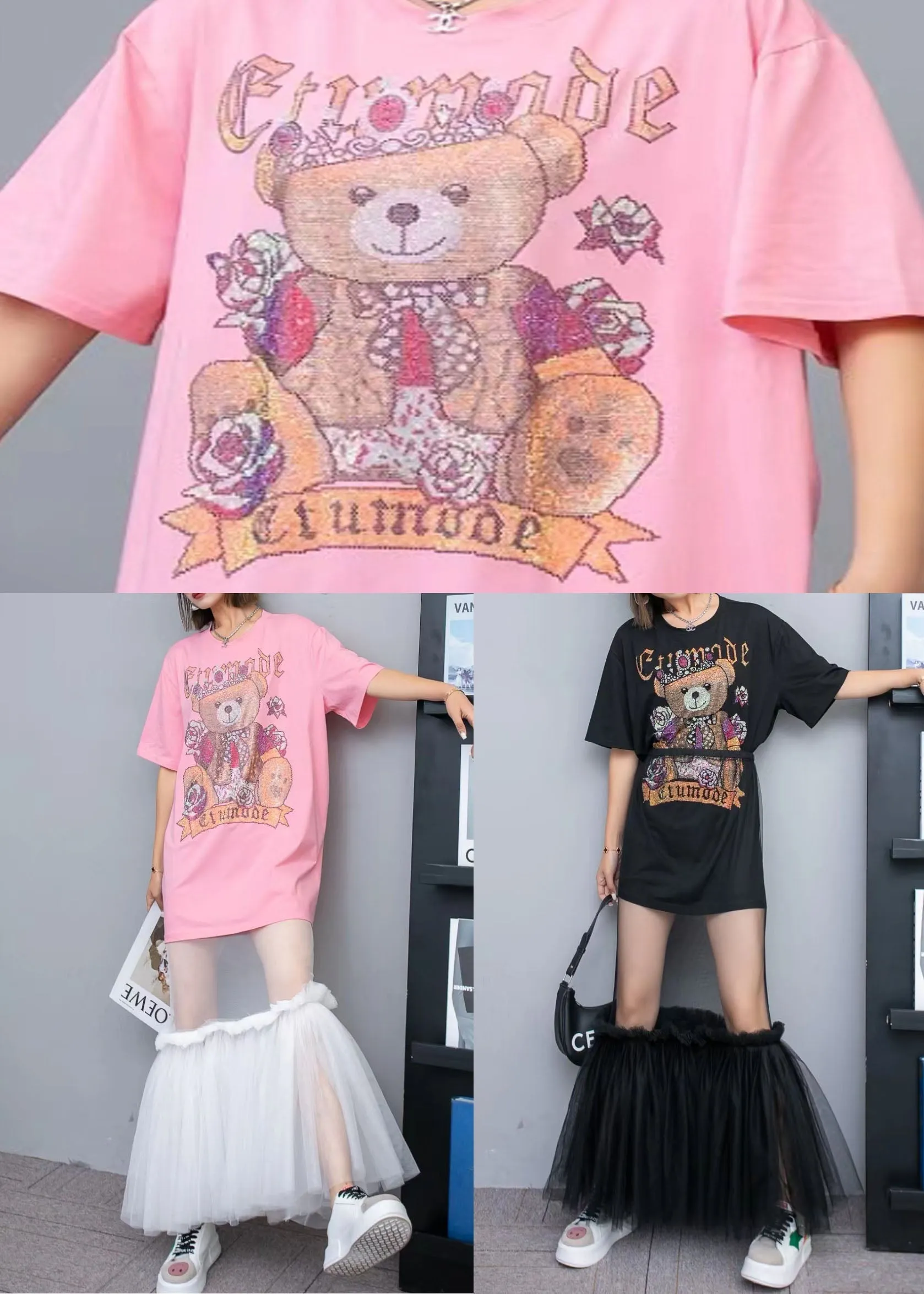 Black Cotton T Shirt Tops And Tulle Skirts Two Pieces Set O-Neck Wrinkled Summer LY3962