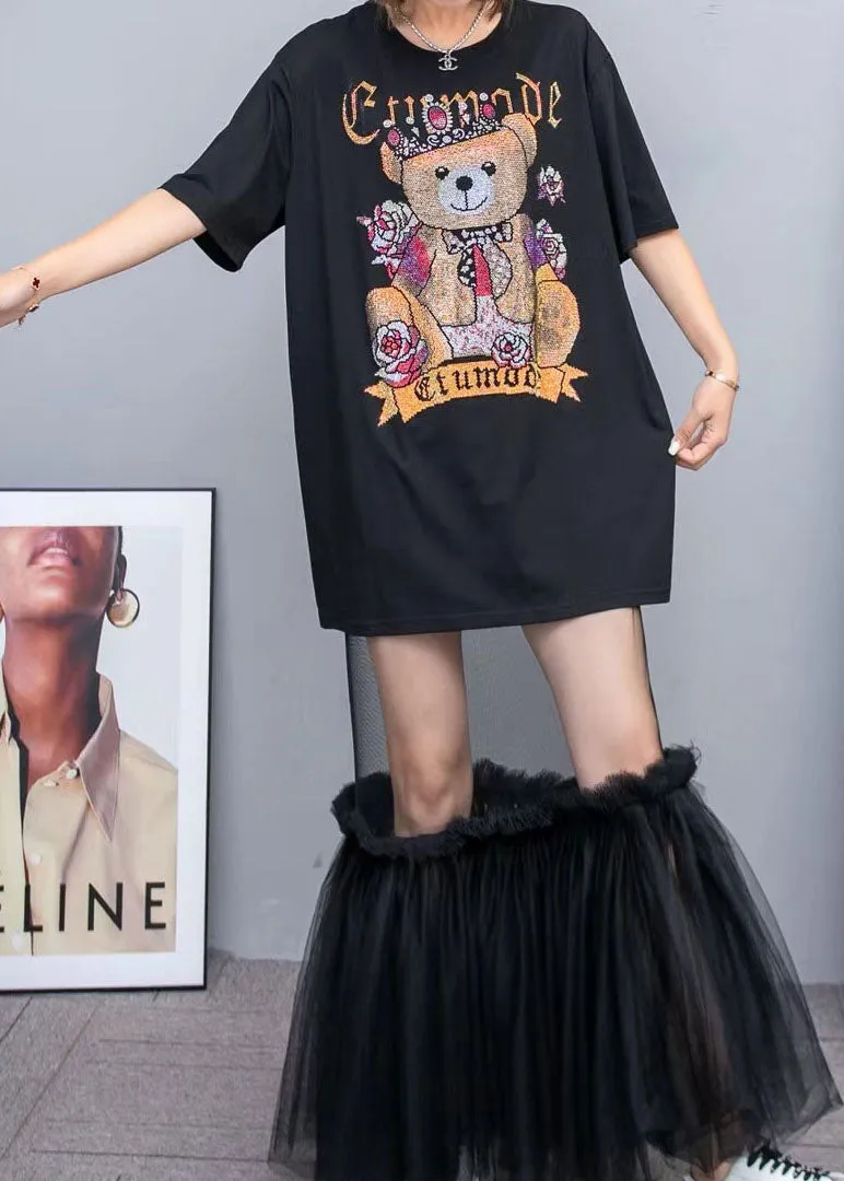 Black Cotton T Shirt Tops And Tulle Skirts Two Pieces Set O-Neck Wrinkled Summer LY3962