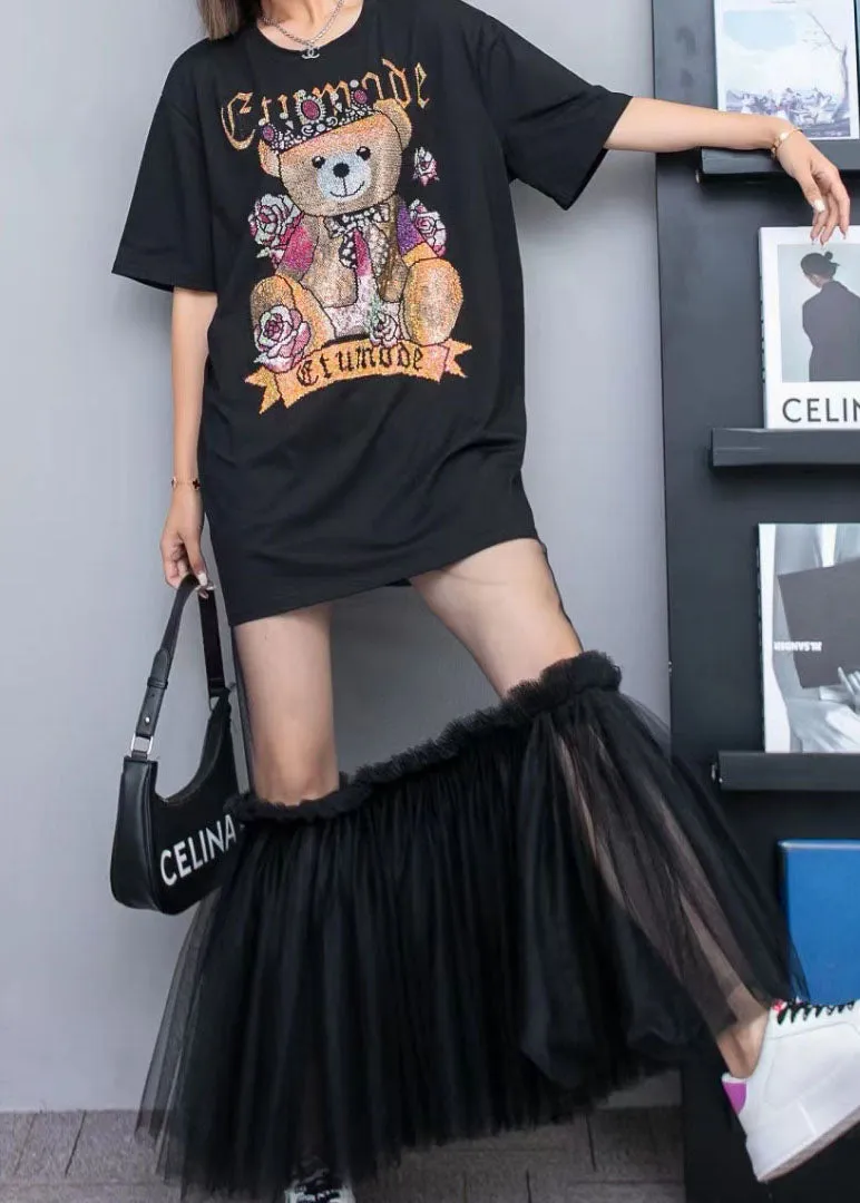 Black Cotton T Shirt Tops And Tulle Skirts Two Pieces Set O-Neck Wrinkled Summer LY3962