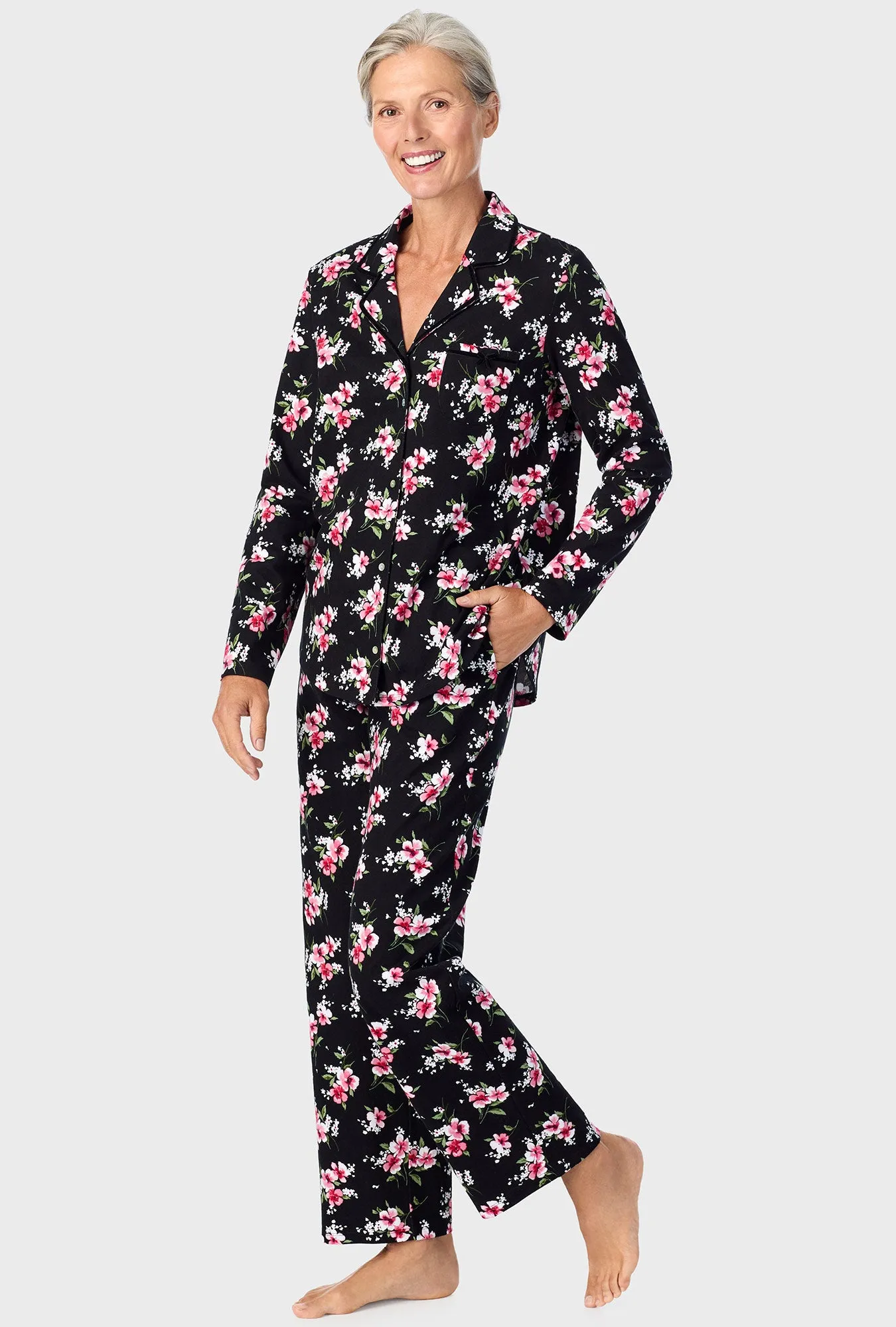 Black Floral Long Sleeve Long Pant PJ Set
