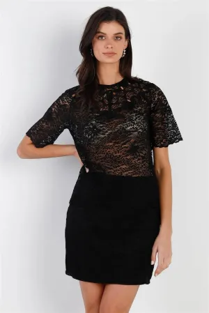 Black Lace Embroidery Detail Short Sleeve Semi-Sheer Top & Skirt Set /1-2-2-1
