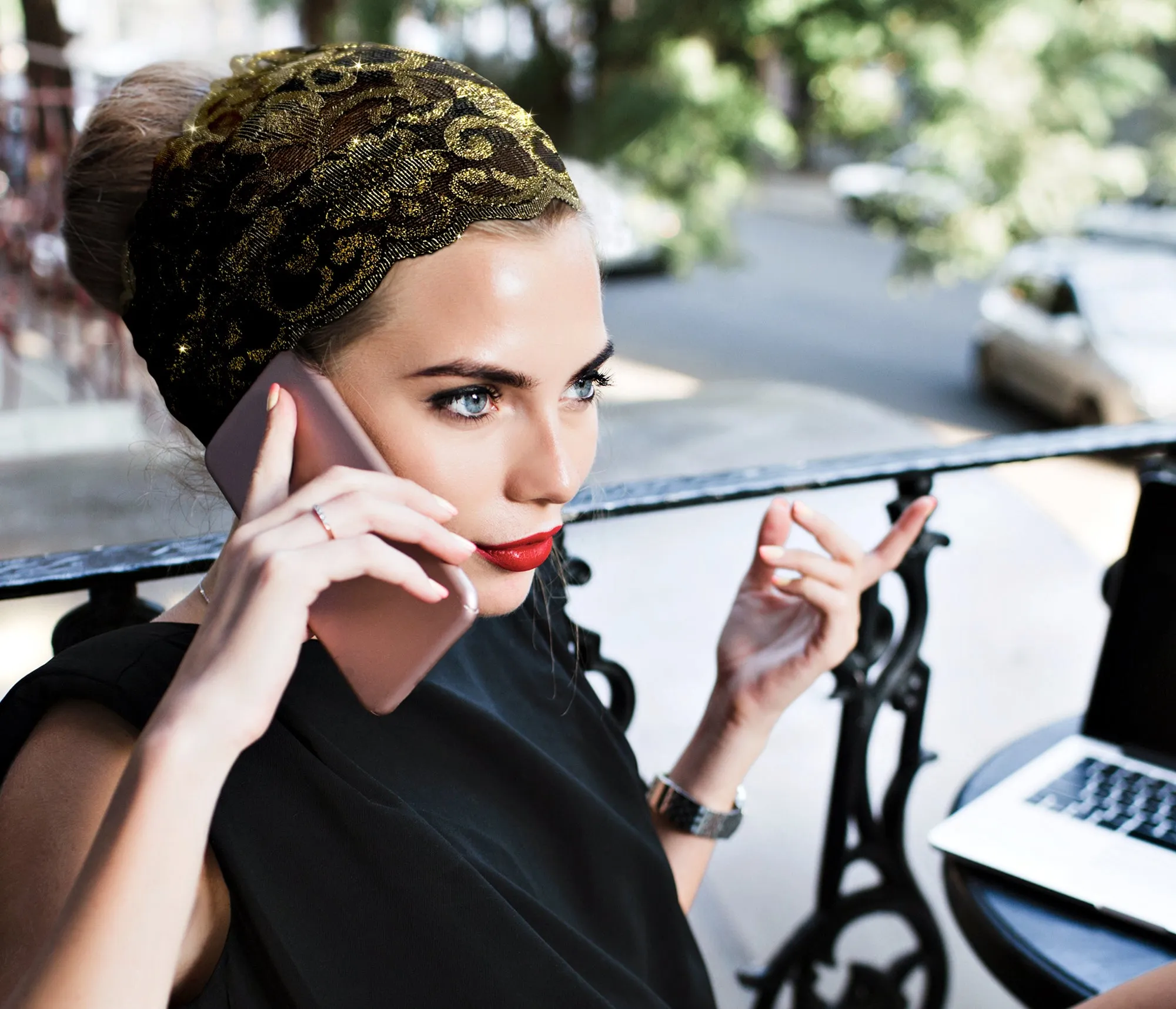 Black lace headband gold floral