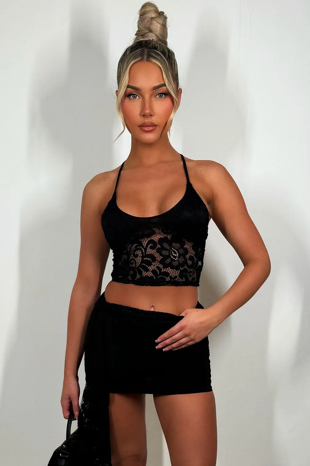 Black Lace Top And Skirt Co Ord Set With Drape Detail