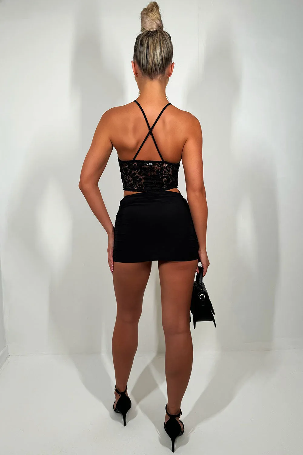 Black Lace Top And Skirt Co Ord Set With Drape Detail