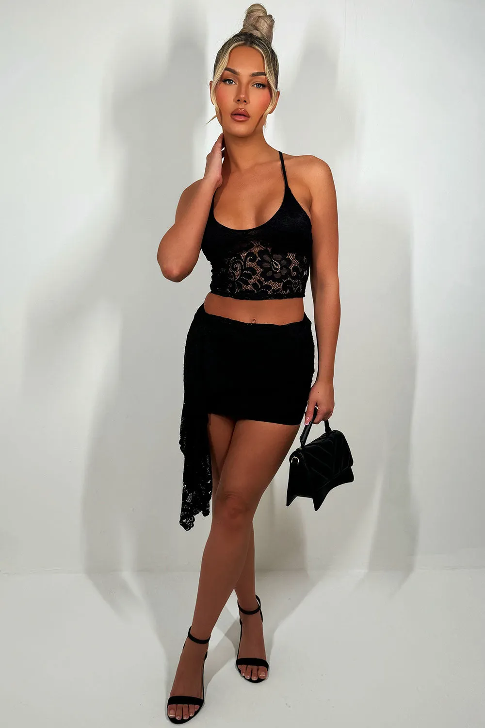Black Lace Top And Skirt Co Ord Set With Drape Detail