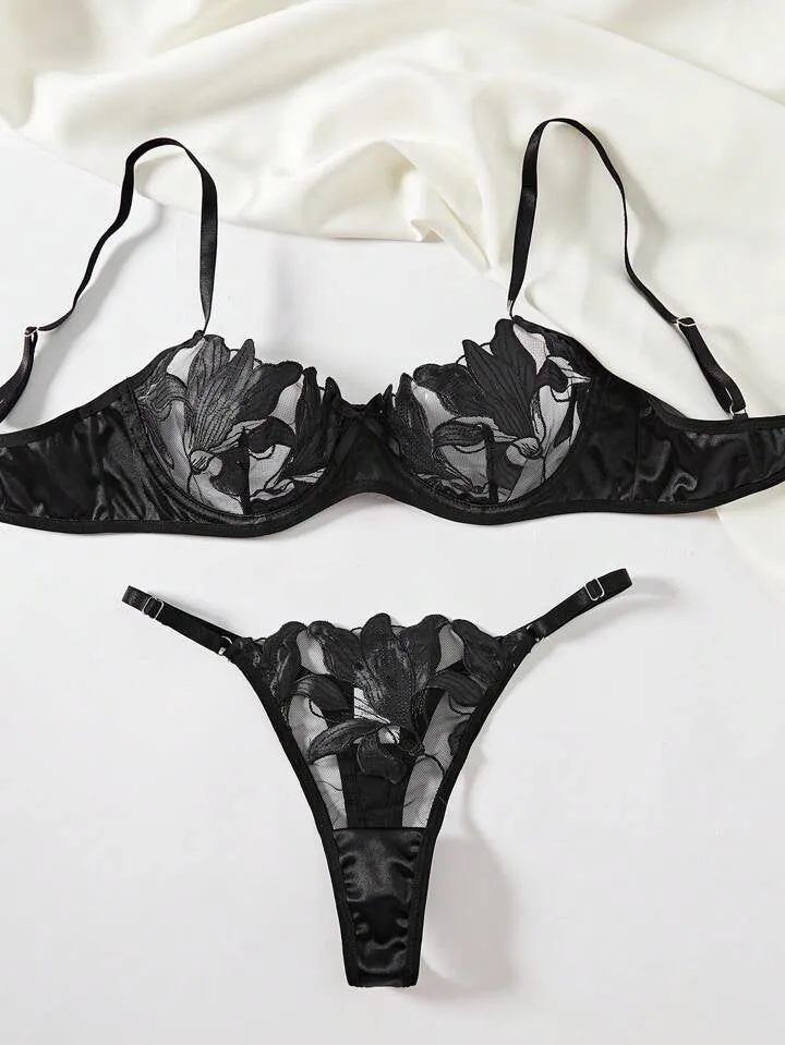 Black Lingerie Set Floral Classy