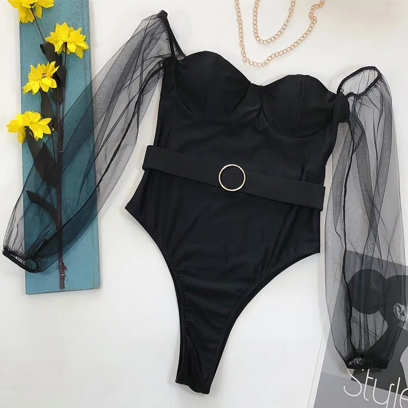 Black Mesh Off Shoulder Long Sleeve High Cut Swimsuit