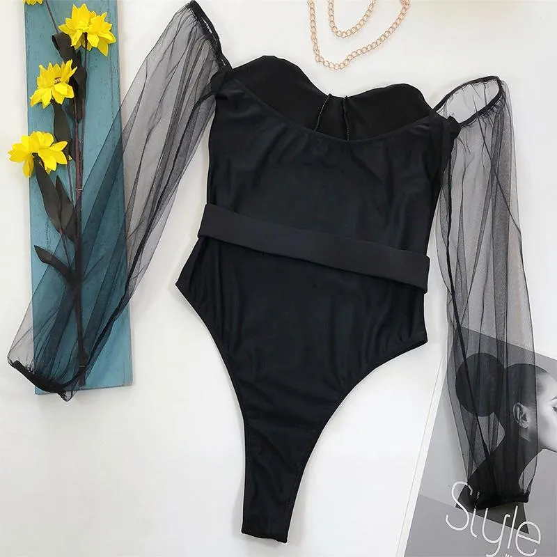 Black Mesh Off Shoulder Long Sleeve High Cut Swimsuit
