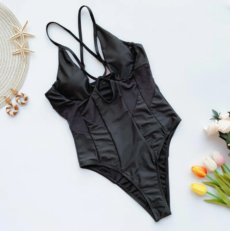 Black Mesh Patchwork Cutout High Cut Swimsuits