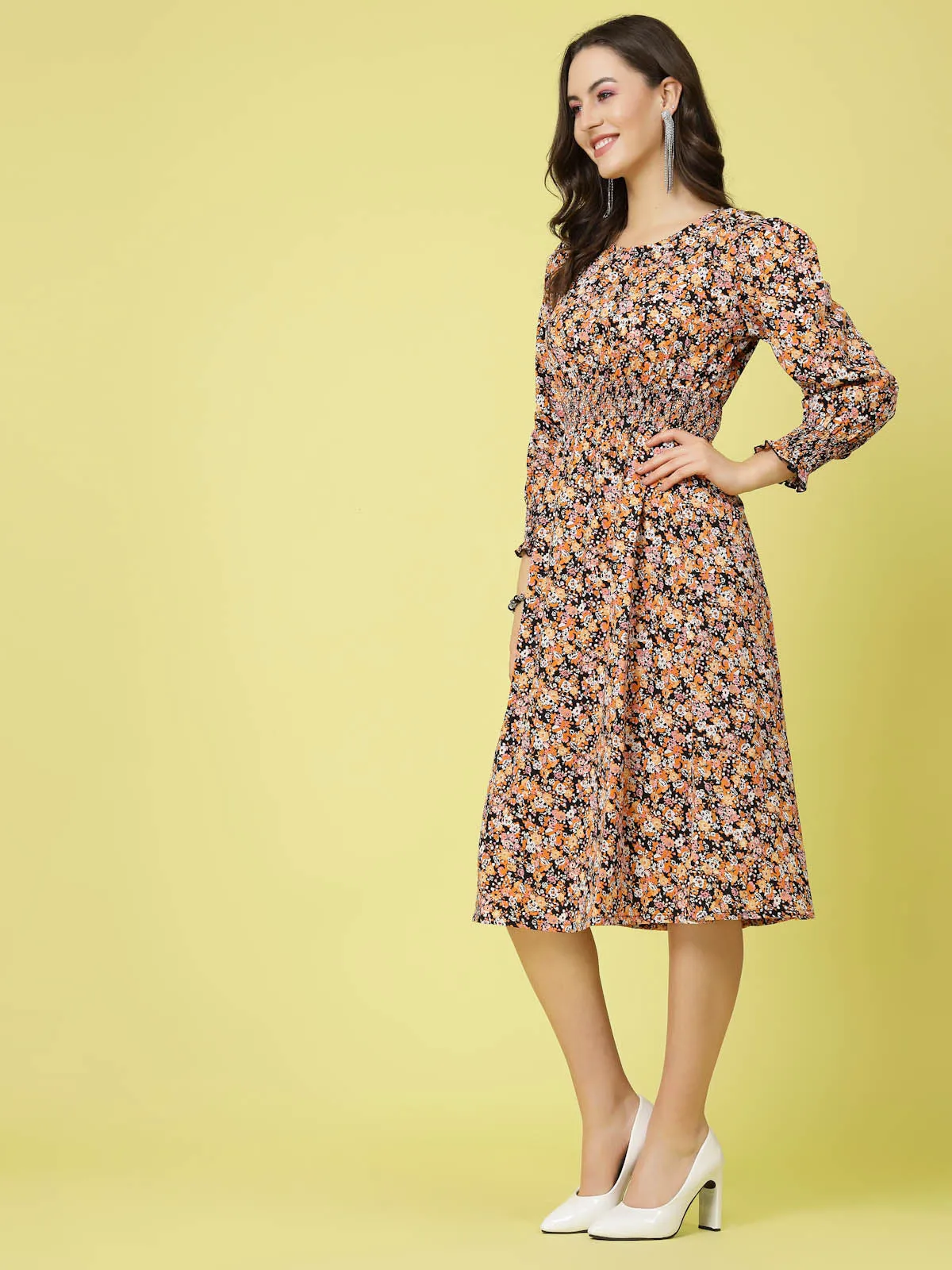 Black  Orange Floral Printed Puff Sleeves Smocked Detail Fit  Flare Dress
