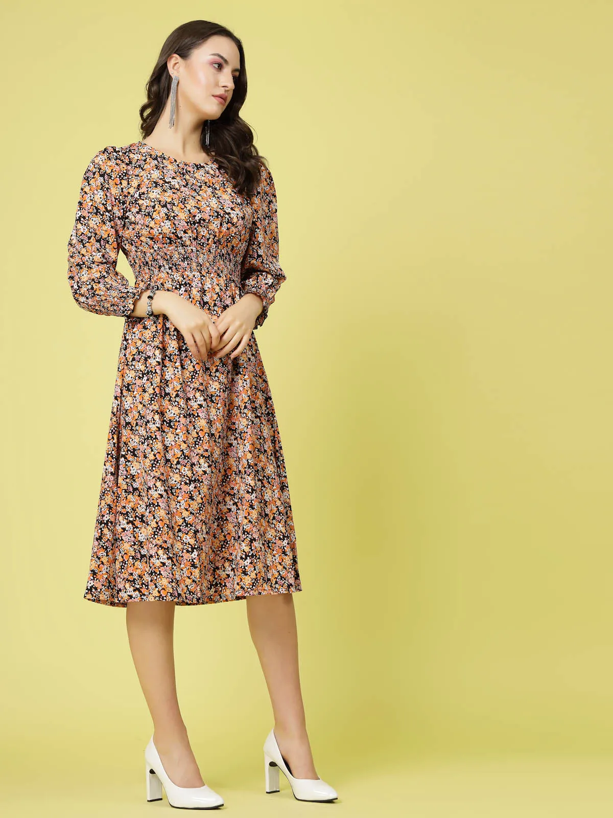 Black  Orange Floral Printed Puff Sleeves Smocked Detail Fit  Flare Dress