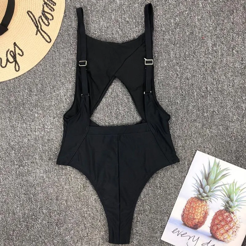Black Plain Cutout Zipper Backless High Cut Swimsuits