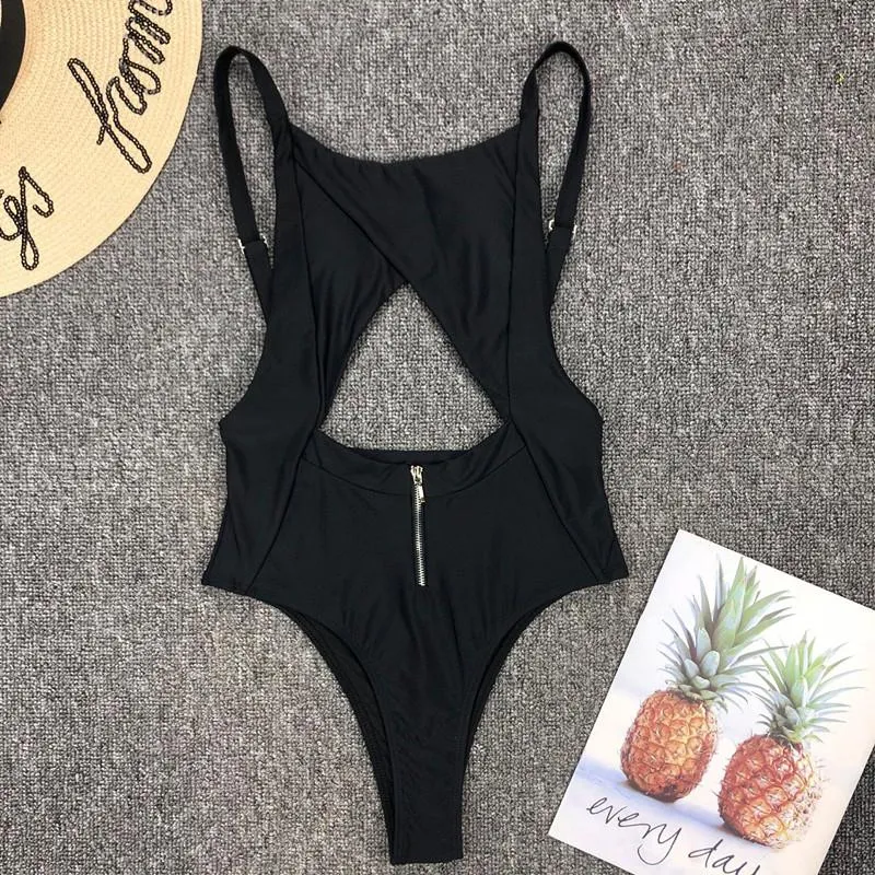 Black Plain Cutout Zipper Backless High Cut Swimsuits