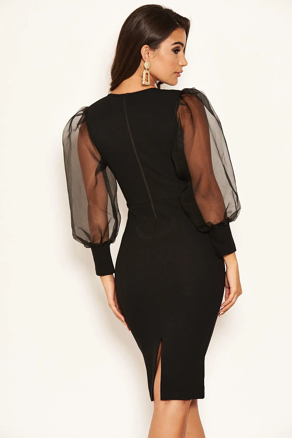 Black Puff Sleeve Midi Dress