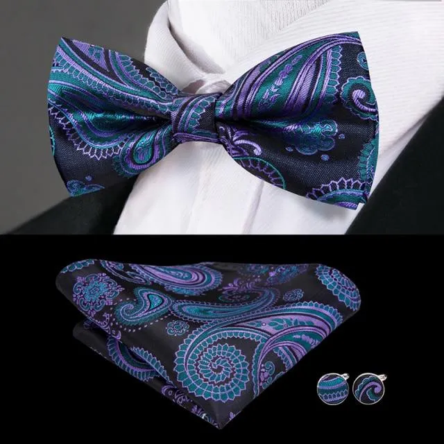 Black, Purple & Turquoise Blue Paisley Matching Bowtie Set (3pc)