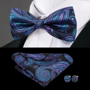 Black, Purple & Turquoise Blue Paisley Matching Bowtie Set (3pc)