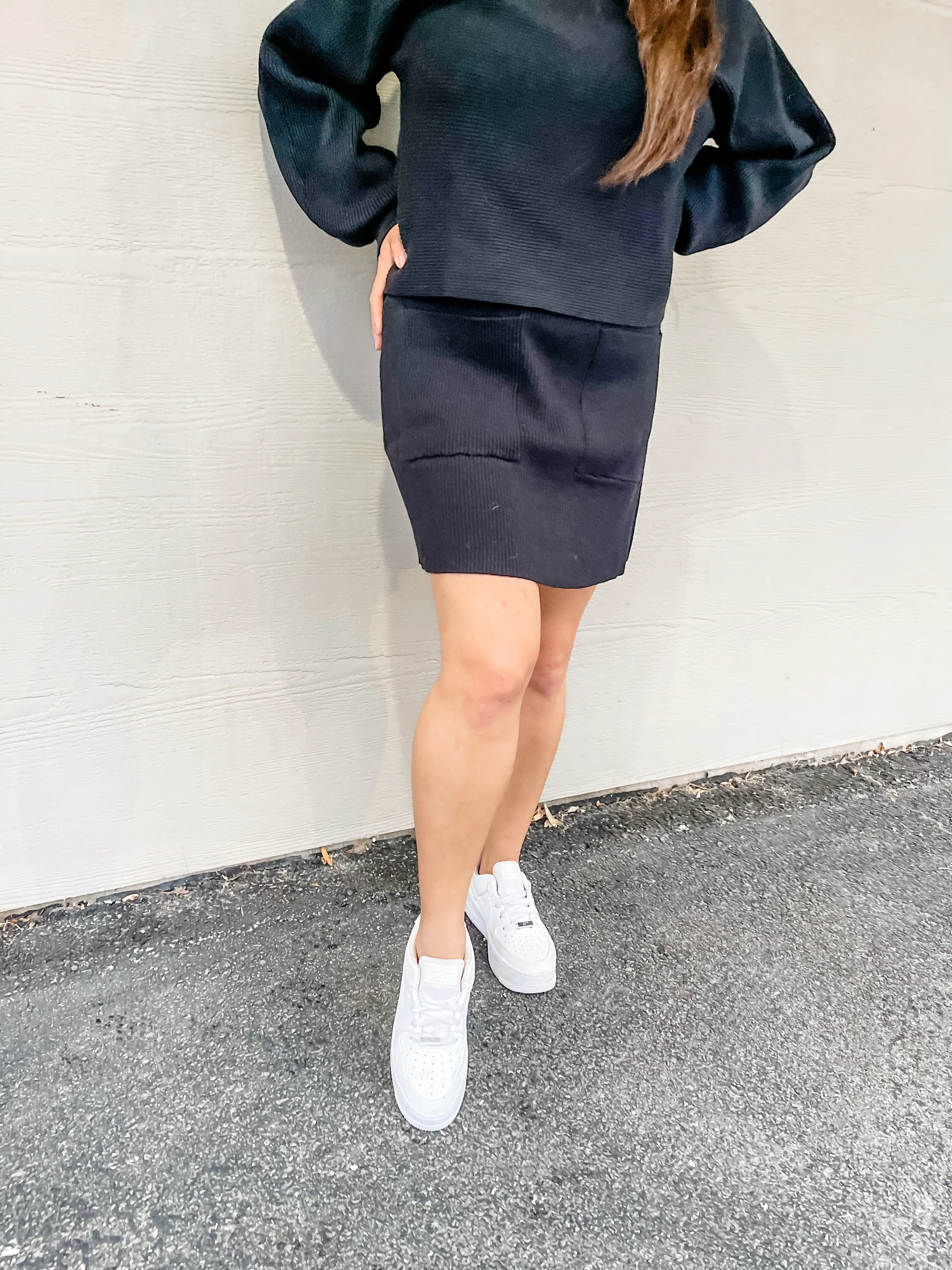 Black Ribbed Knit Mini Skirt