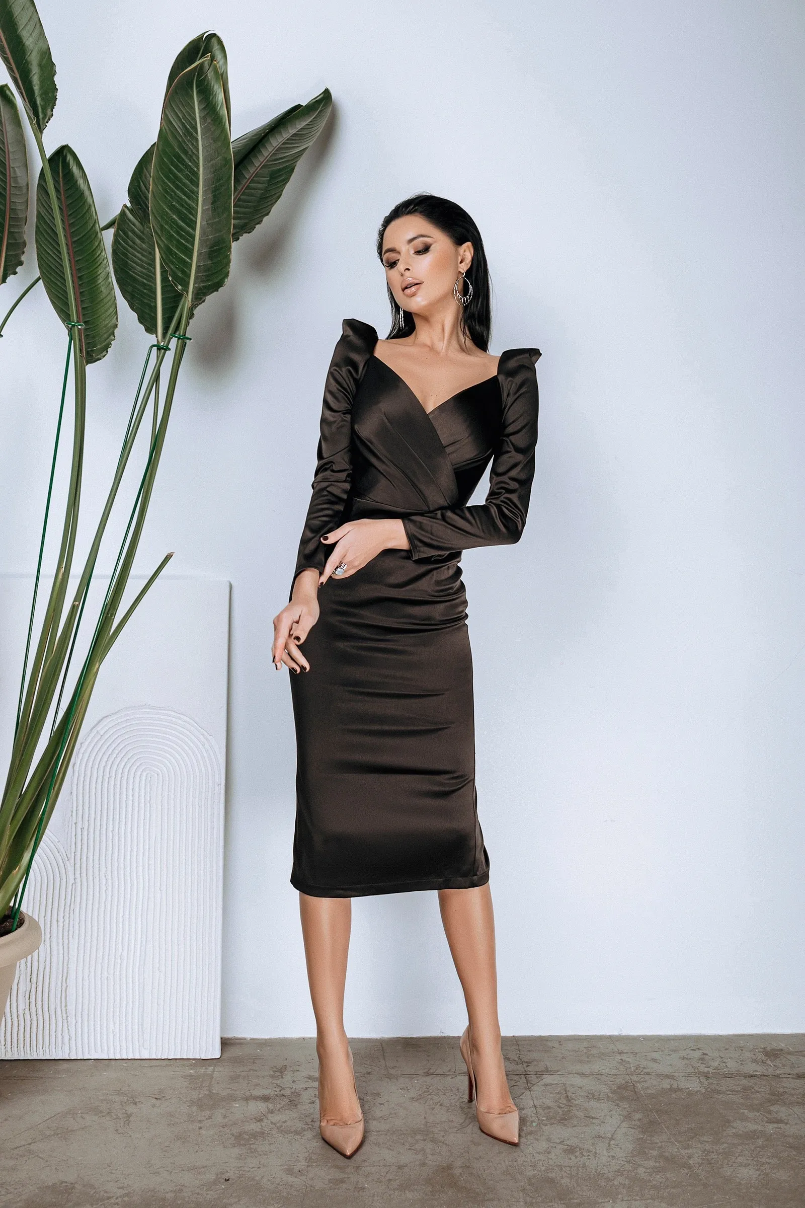Black Silver Long Sleeve Midi Dress