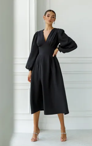 Black V-Neck Puff-Sleeve Midi Dress