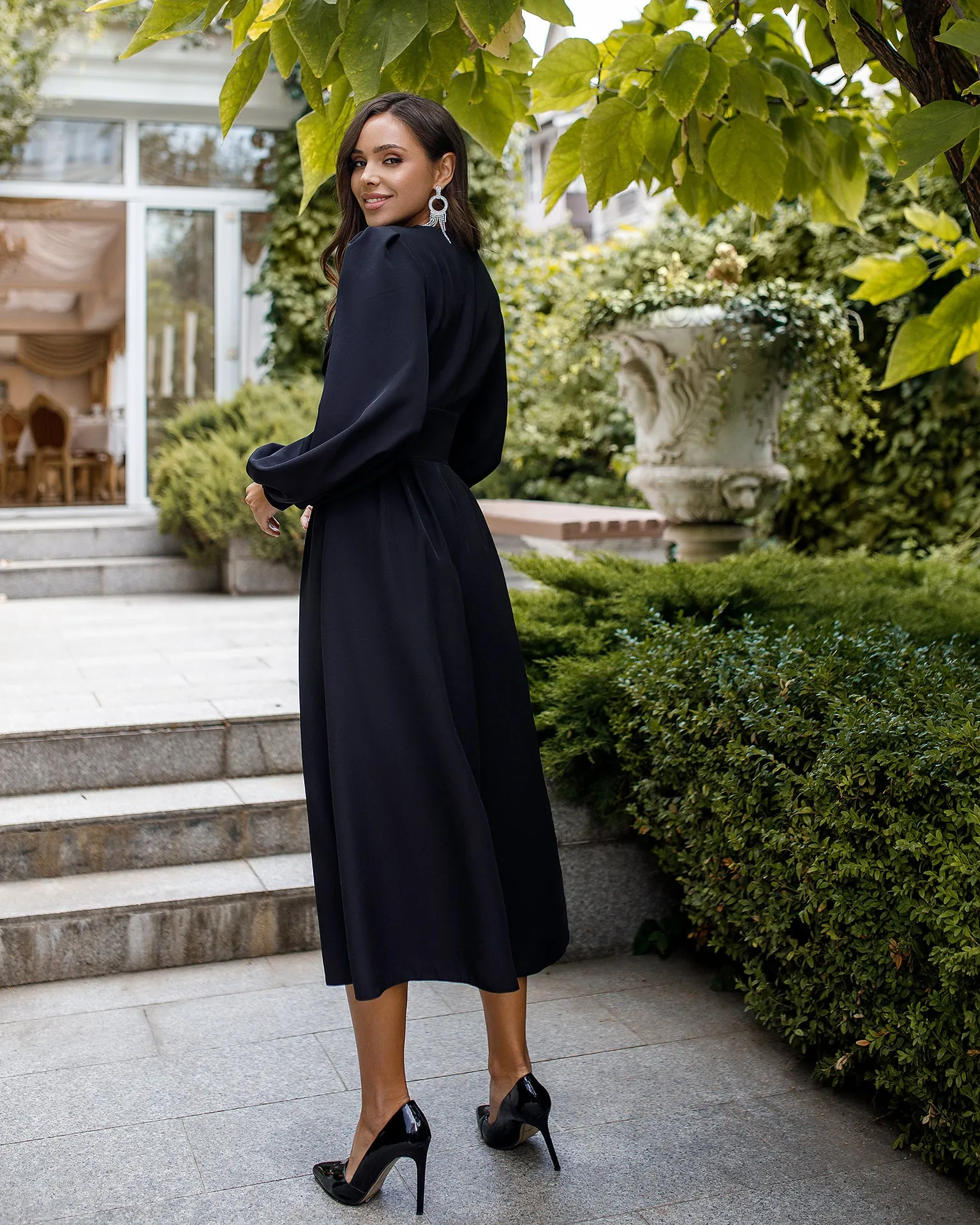 Black V-Neck Puff-Sleeve Midi Dress