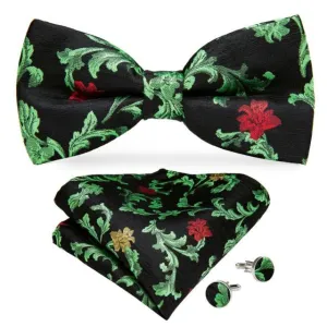 Black with Green Vines & Red Flowers Matching Bowtie Set (3pc)