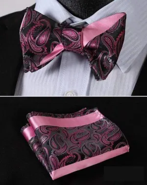 Black with Pink Paisley & Pink Stripes Matching Bowtie Set (2pc)