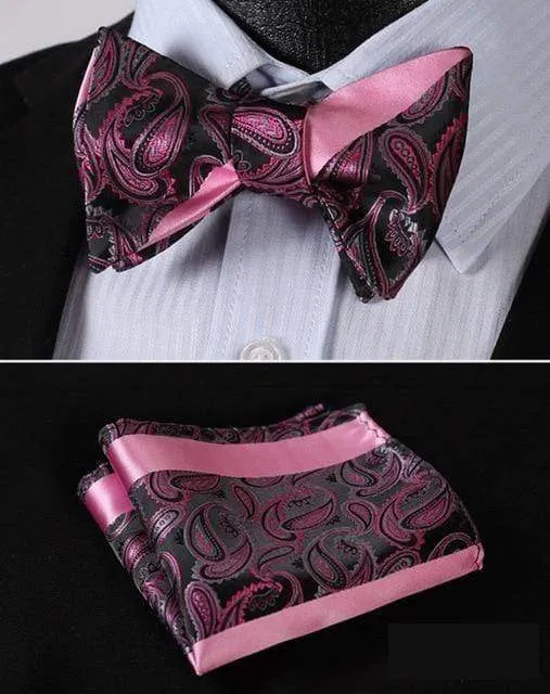 Black with Pink Paisley & Pink Stripes Matching Bowtie Set (2pc)