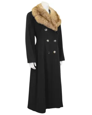 Black Wool Maxi Princess Style Coat with Fur Collar