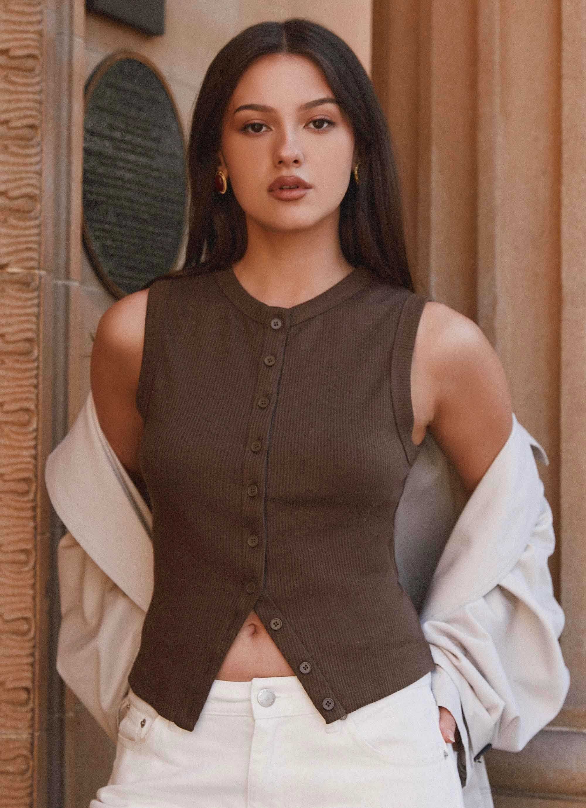 Blair Buttoned Knit Top - Chocolate HygienicCoating Sweat Absorbing Lining