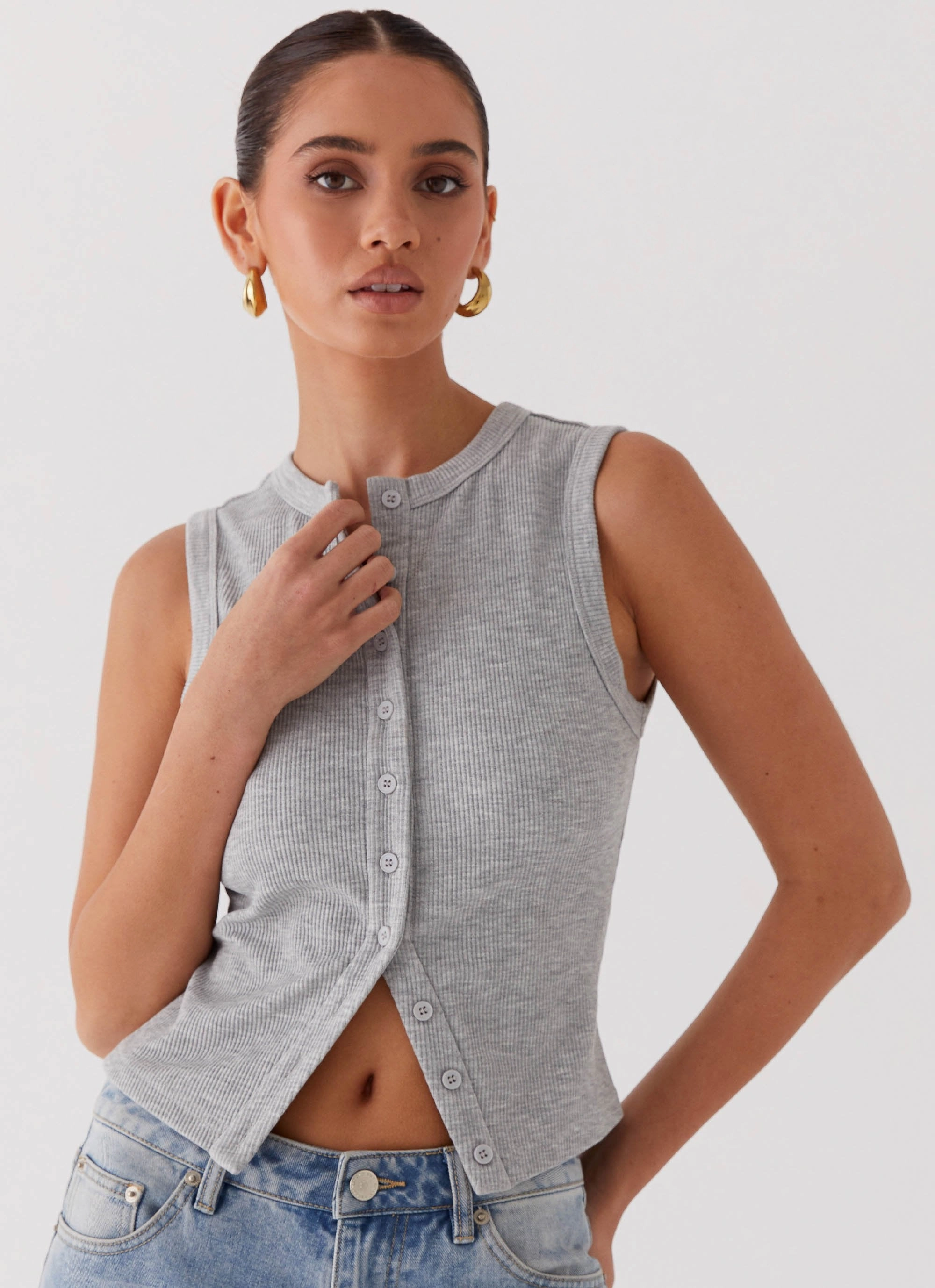 NonIrritating Blair Buttoned Tank Top - Grey Marle