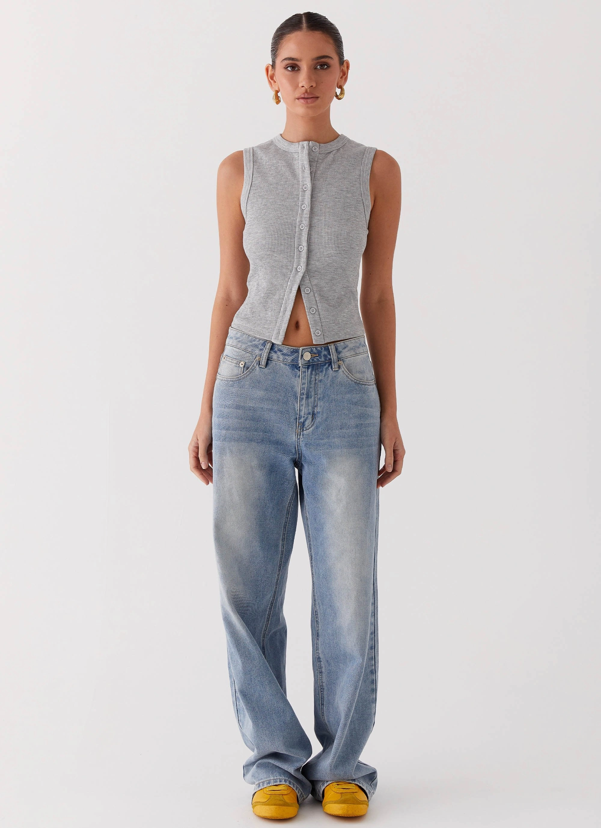 All Day Comfort TumbleDryFriendlyMaterial Blair Buttoned Tank Top - Grey Marle