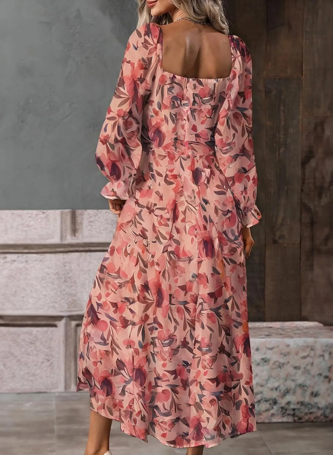 BLENCOT Casual Women's Square Neck Long Sleeve Split Thigh Dress Boho Floral Print A-line Tie Front Midi Dresses