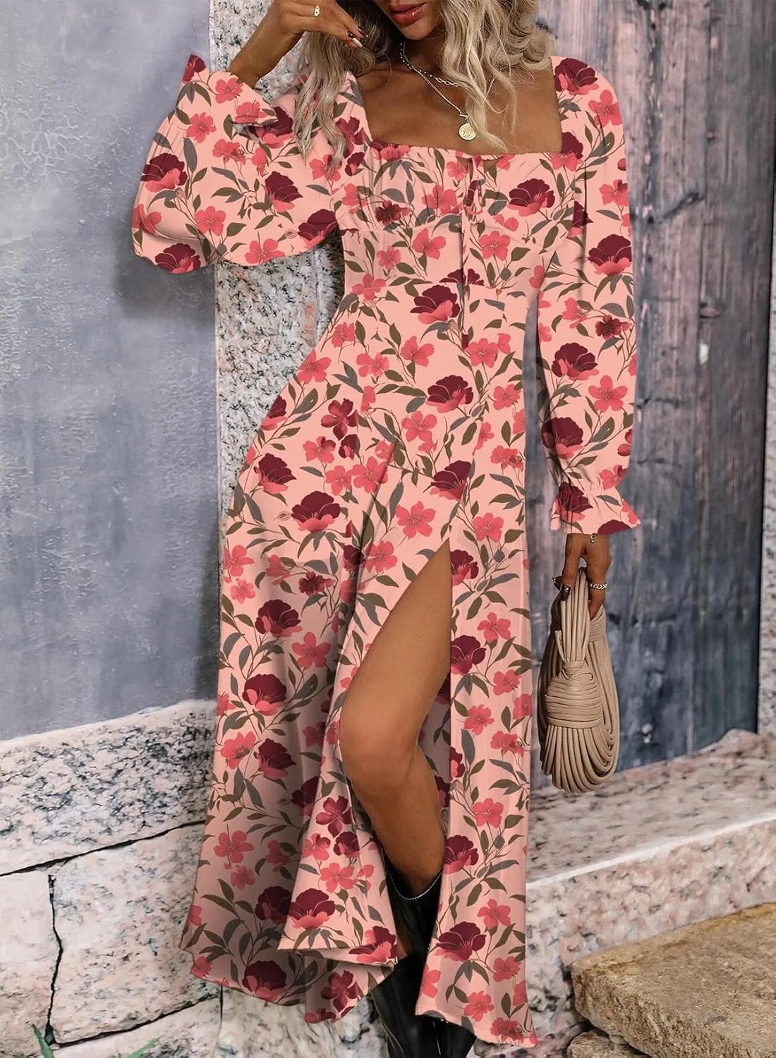 BLENCOT Casual Women's Square Neck Long Sleeve Split Thigh Dress Boho Floral Print A-line Tie Front Midi Dresses