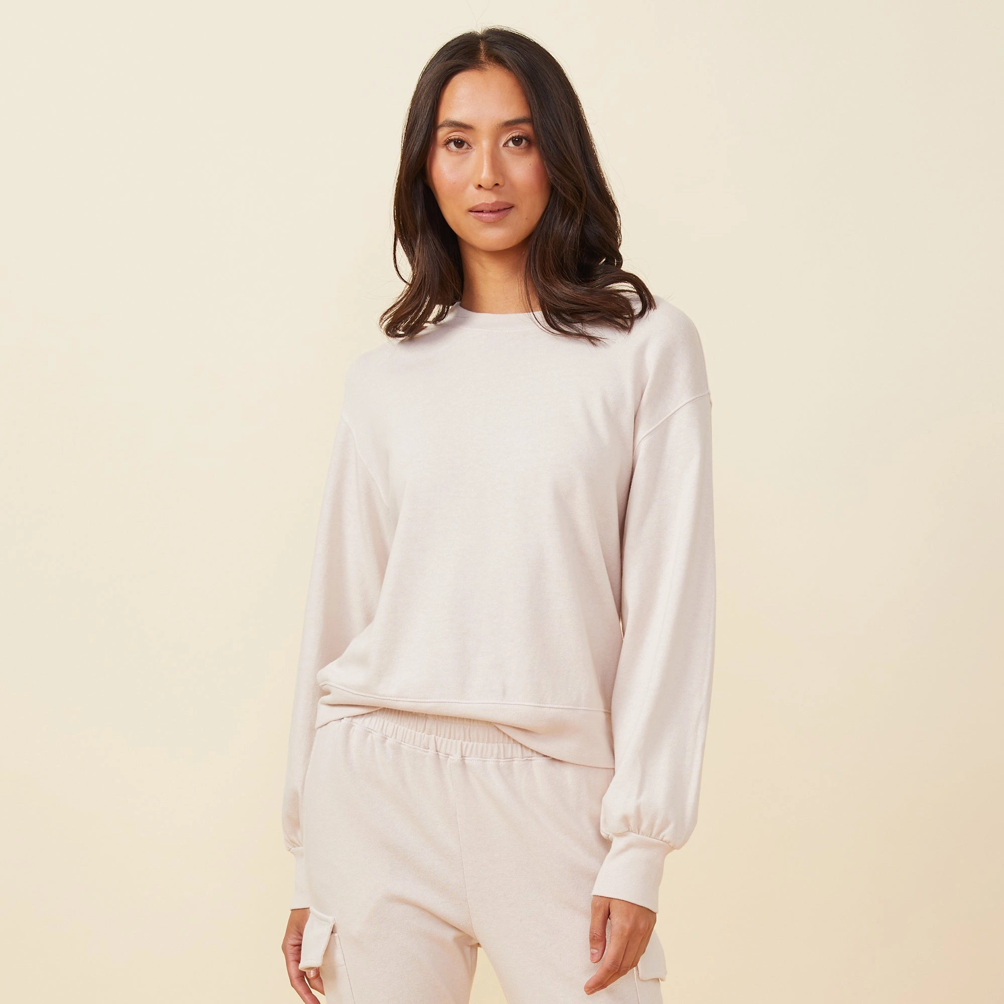 Blouson Sleeve Crew Neck Sweatshirt Chic Cardigan Temperature Control Fabric