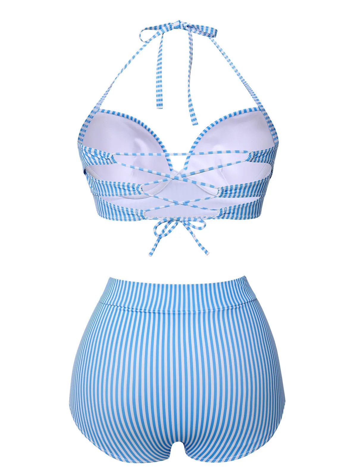 Blue 1950s Halter Bow Stripes Swimsuit
