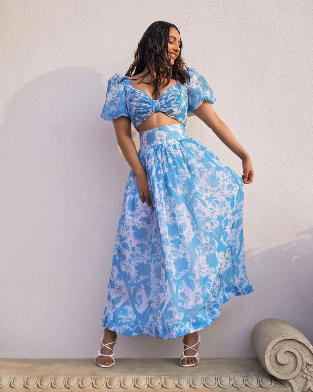 Blue & White Suzani Crop Top & Skirt
