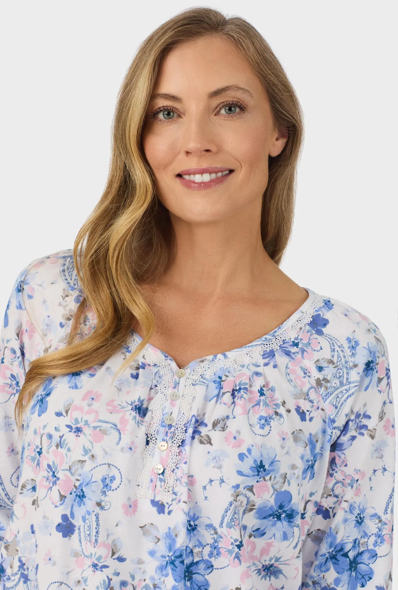 Blue and Blush Pink Paisley Floral  3/4 Sleeve Long Pant PJ Set