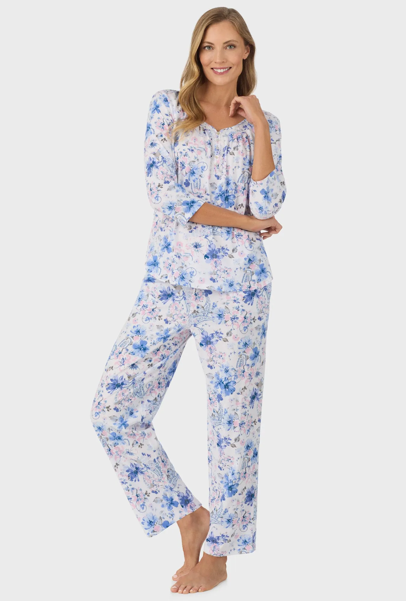 Blue and Blush Pink Paisley Floral  3/4 Sleeve Long Pant PJ Set