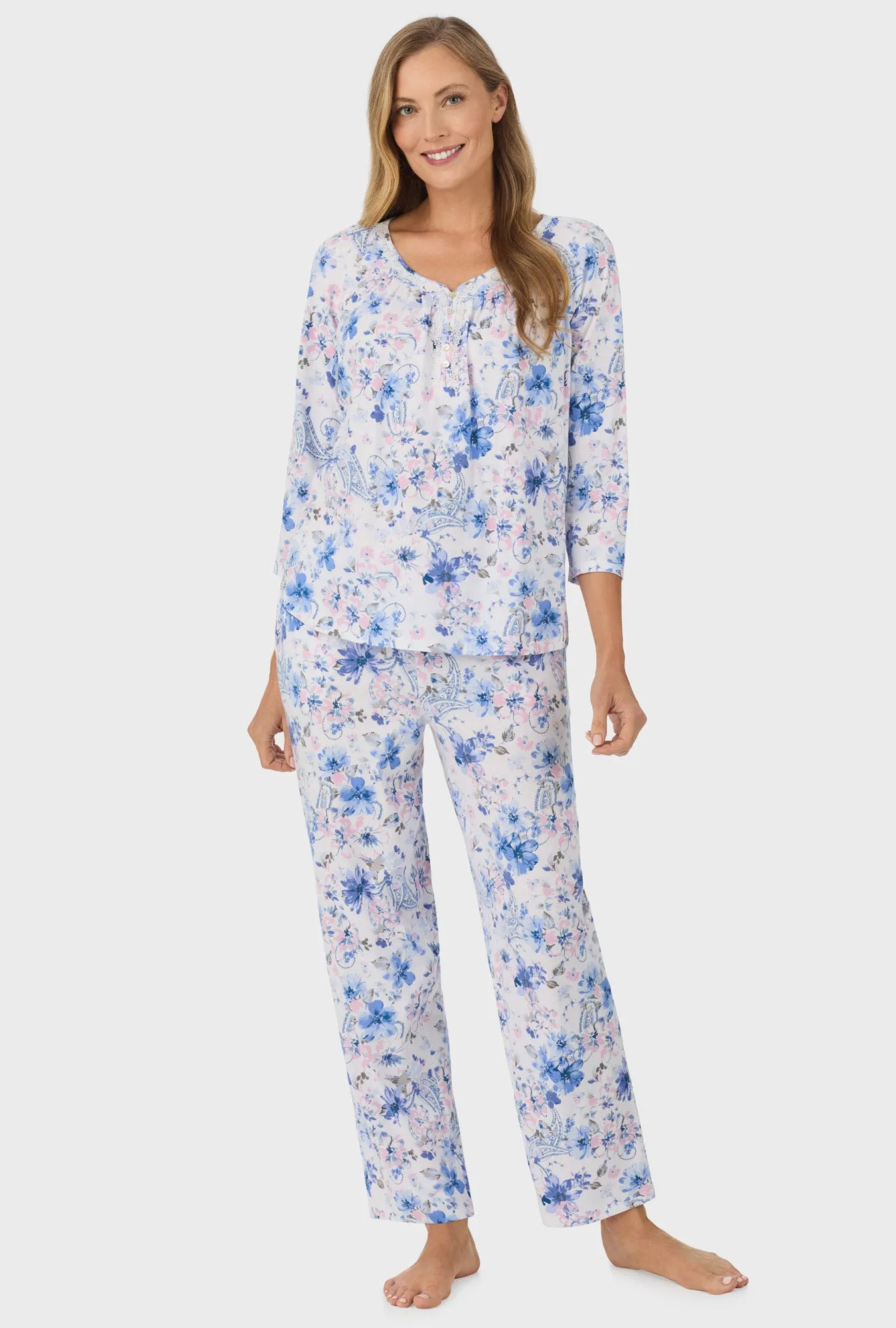 Blue and Blush Pink Paisley Floral  3/4 Sleeve Long Pant PJ Set