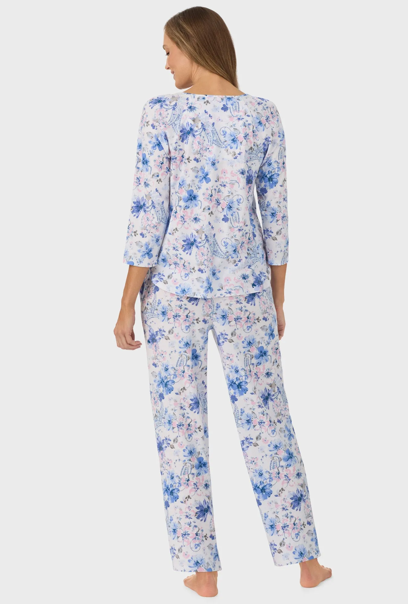 Blue and Blush Pink Paisley Floral  3/4 Sleeve Long Pant PJ Set