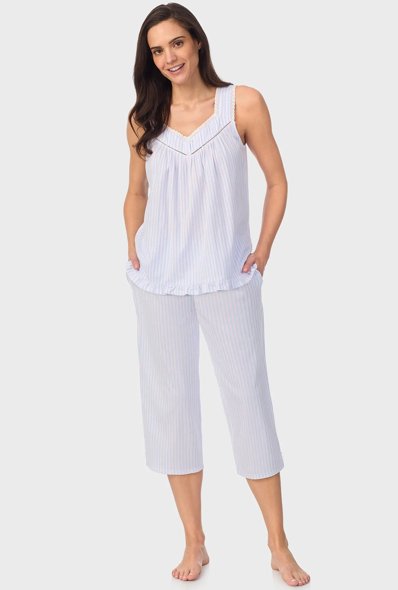Blue and Cherry Stripes Sleeveless Capri Pant PJ Set
