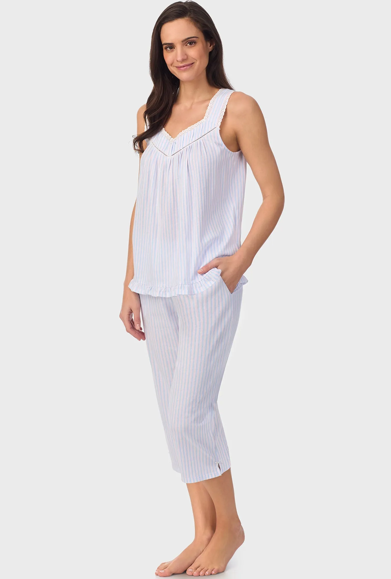 Blue and Cherry Stripes Sleeveless Capri Pant PJ Set