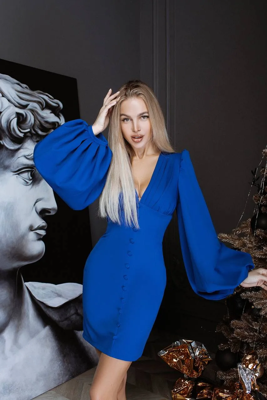 Blue Backless Puff Sleeve Mini Dress