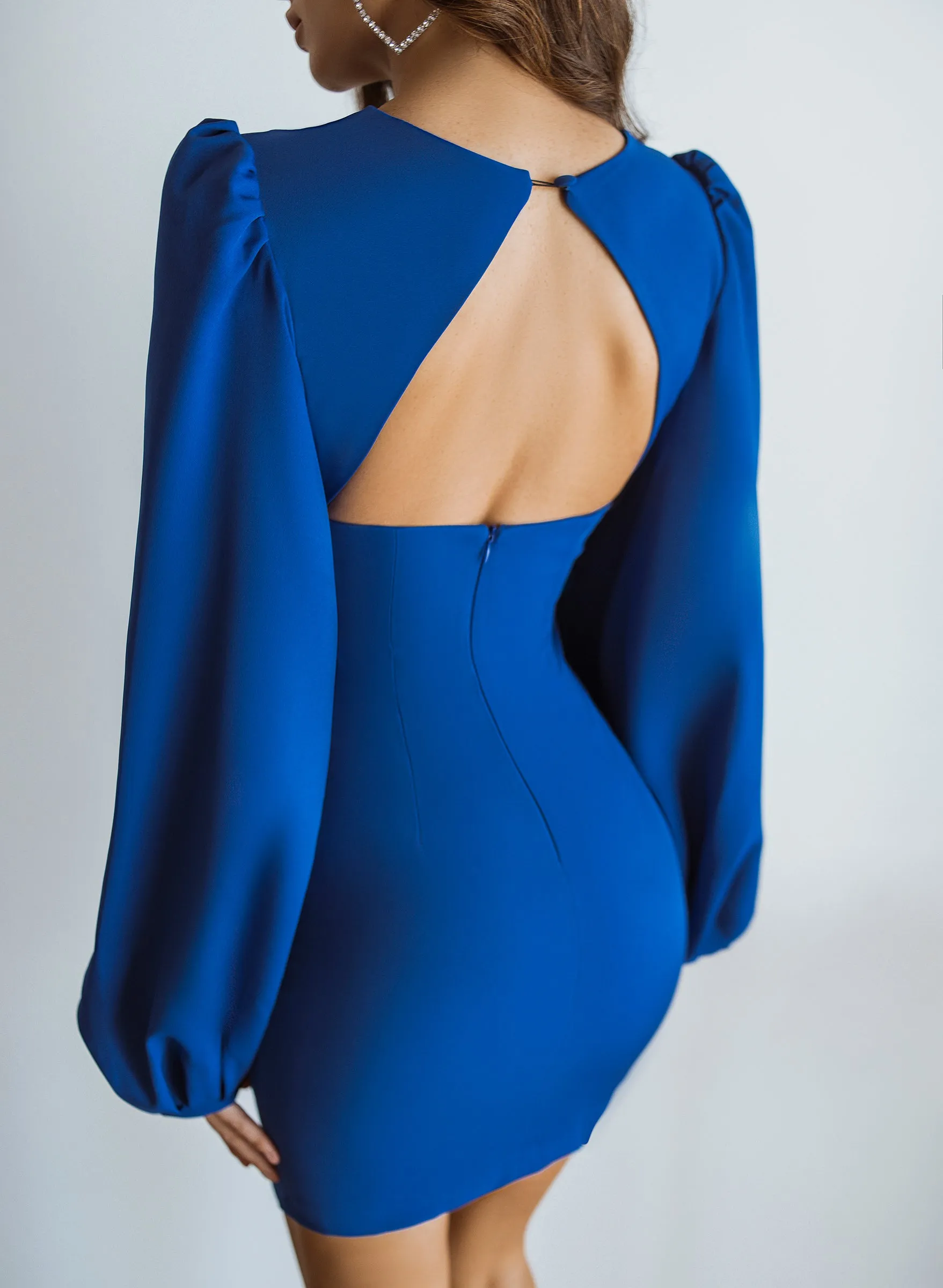 Blue Backless Puff Sleeve Mini Dress