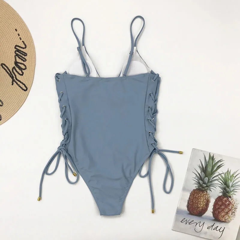 Blue Bandeau Cutout High Cut Swimsuits