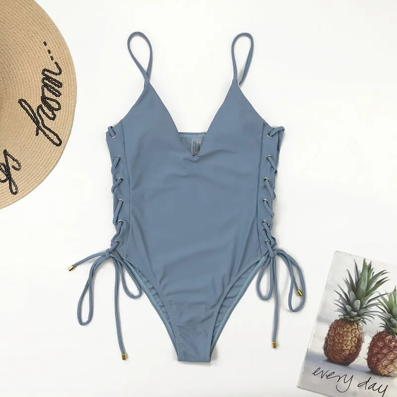 Blue Bandeau Cutout High Cut Swimsuits