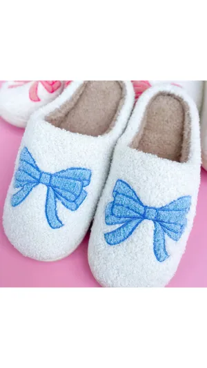 Blue Bow Plush Slippers