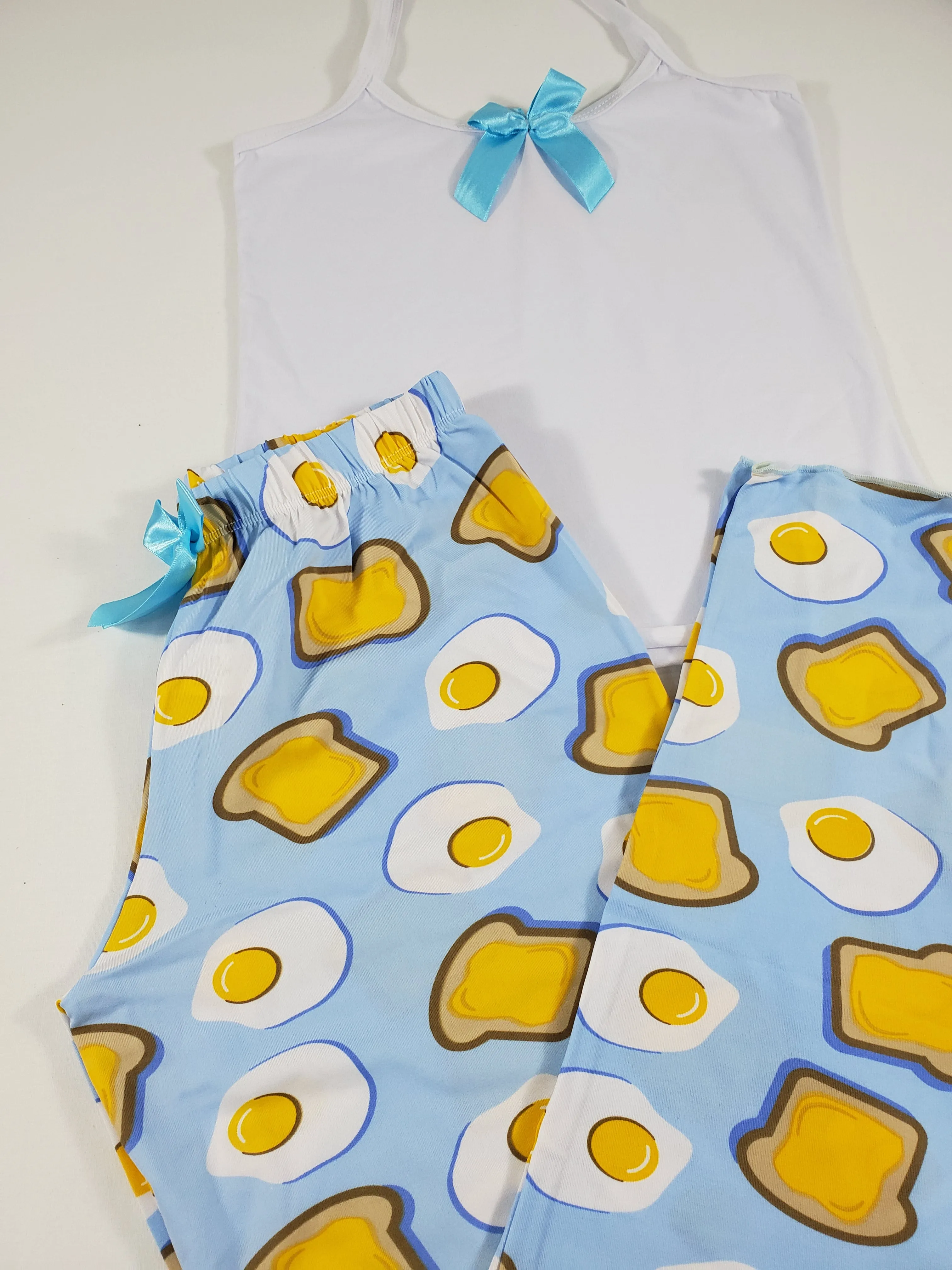 Blue classic Women's pajama fried eggs and toast theme pants white blouse