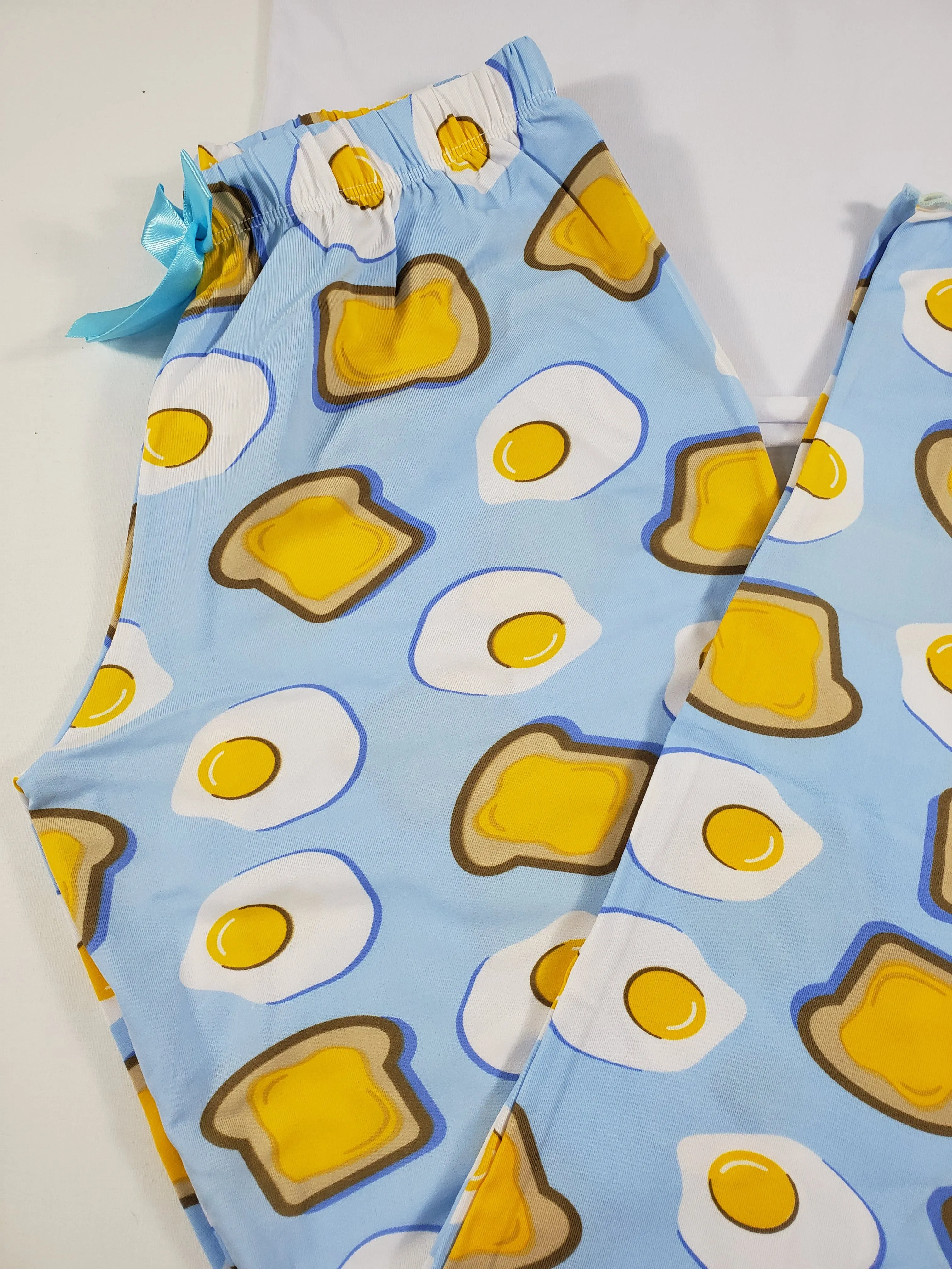 Blue classic Women's pajama fried eggs and toast theme pants white blouse
