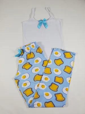 Blue classic Women's pajama fried eggs and toast theme pants white blouse